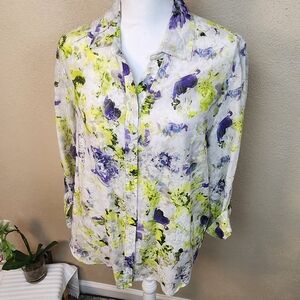 Coldwater Creek Yellow and Purple Splash Print Shirt 14 (5683)